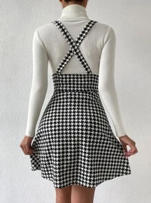 SHEIN Essnce Houndstooth Print Criss Cross Back Suspender Dress - Black and White - View 2