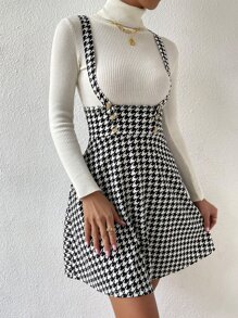 SHEIN Essnce Houndstooth Print Criss Cross Back Suspender Dress - Black and White - View 3