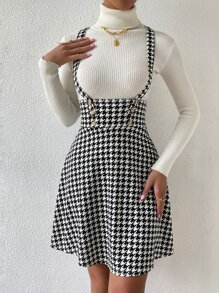 SHEIN Essnce Houndstooth Print Criss Cross Back Suspender Dress - Black and White - View 4