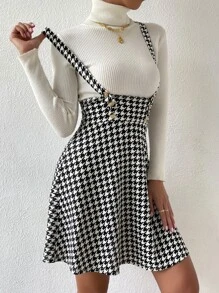 SHEIN Essnce Houndstooth Print Criss Cross Back Suspender Dress - Black and White - View 5
