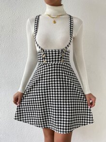SHEIN Essnce Houndstooth Print Criss Cross Back Suspender Dress - Black and White - View 6
