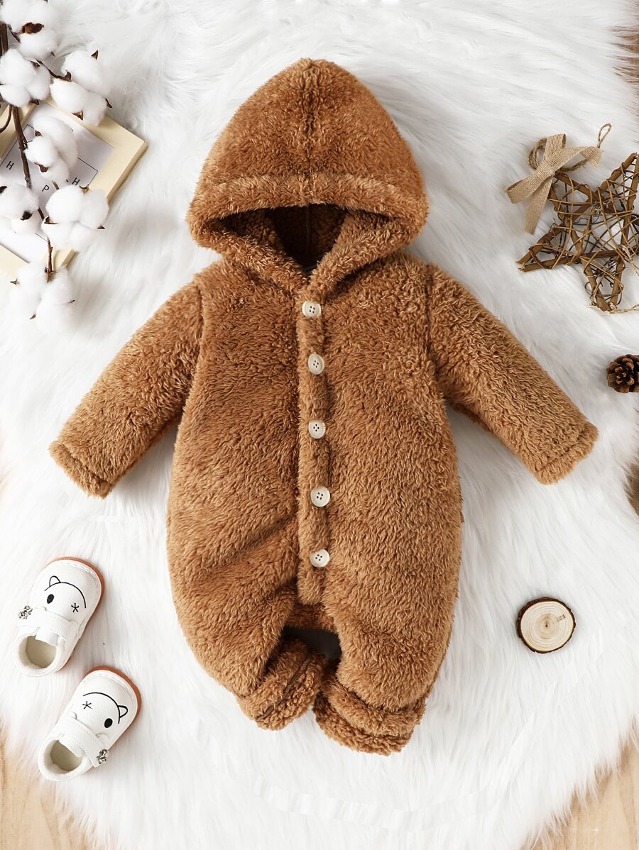 Baby Single Breasted Hooded Jumpsuit - Brown - View 1