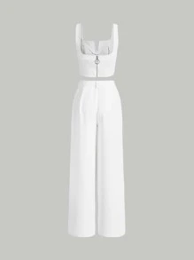 SHEIN MOD Bộ đồ hai mảnh nữ Nút Túi Dây kéo Uốn nếp màu trơn Thanh lịch - trắng - Xem 5