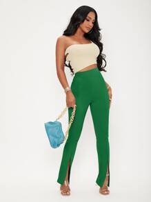 SHEIN SXY High Waist Split Hem Trousers - Green - View 3