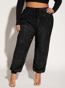 SHEIN SXY Plus Drawstring Waist Glitter Trousers - Black - View 1
