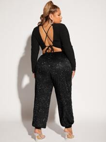 SHEIN SXY Plus Drawstring Waist Glitter Trousers - Black - View 2