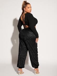SHEIN SXY Plus Drawstring Waist Glitter Trousers - Black - View 3