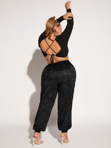 SHEIN SXY Plus Drawstring Waist Glitter Trousers - Black - View 4