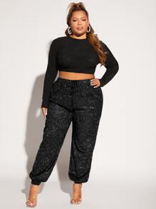 SHEIN SXY Plus Drawstring Waist Glitter Trousers - Black - View 5