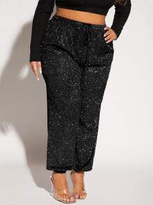 SHEIN SXY Plus Drawstring Waist Glitter Trousers - Black - View 6