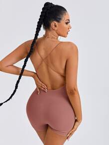 SHEIN SXY 後背十字交叉彈力緊身連體短褲 - 藕粉色 - 查看 2