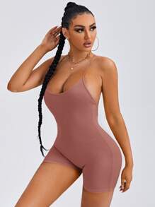 SHEIN SXY 後背十字交叉彈力緊身連體短褲 - 藕粉色 - 查看 4