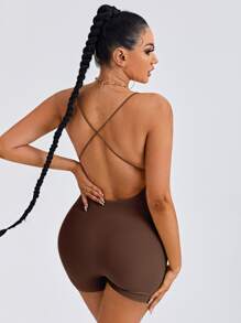 SHEIN SXY Criss Cross Back Unitard Romper - Coffee Brown - View 2