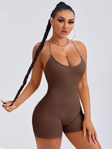 SHEIN SXY Criss Cross Back Unitard Romper - Coffee Brown - View 3