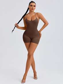 SHEIN SXY Criss Cross Back Unitard Romper - Coffee Brown - View 5