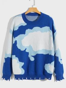 ROMWE MEN 男士雲朵圖案破壞感毛衣 - 藍白色 - 查看 1