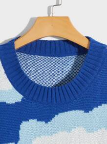 ROMWE MEN 男士雲朵圖案破壞感毛衣 - 藍白色 - 查看 4