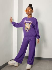 SHEIN Girls Letter And Leopard Print Drop Shoulder Pullover & Joggers - Violet Purple - View 1