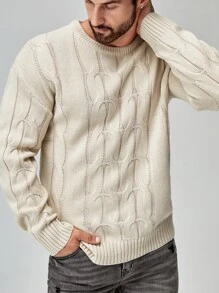 Manfinity 男士麻花編織套頭毛衣 - 杏色 - 查看 2