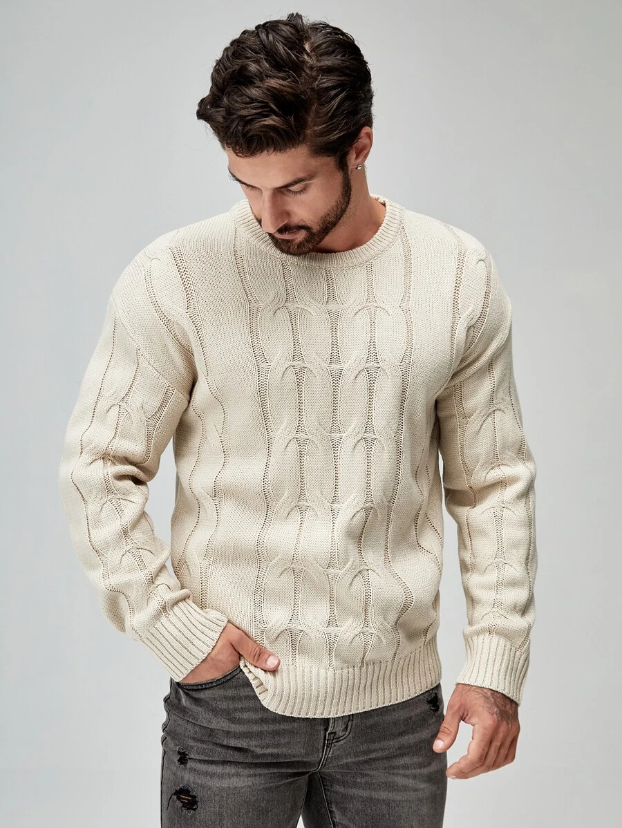 Manfinity 男士麻花編織套頭毛衣 - 杏色 - 查看 1