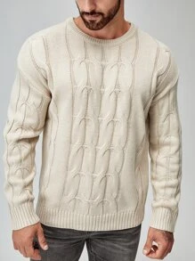 Manfinity 男士麻花編織套頭毛衣 - 杏色 - 查看 7