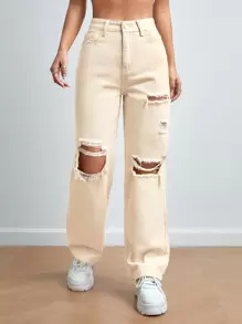 SHEIN PETITE High Waist Ripped Straight Leg Jeans - Apricot - View 1