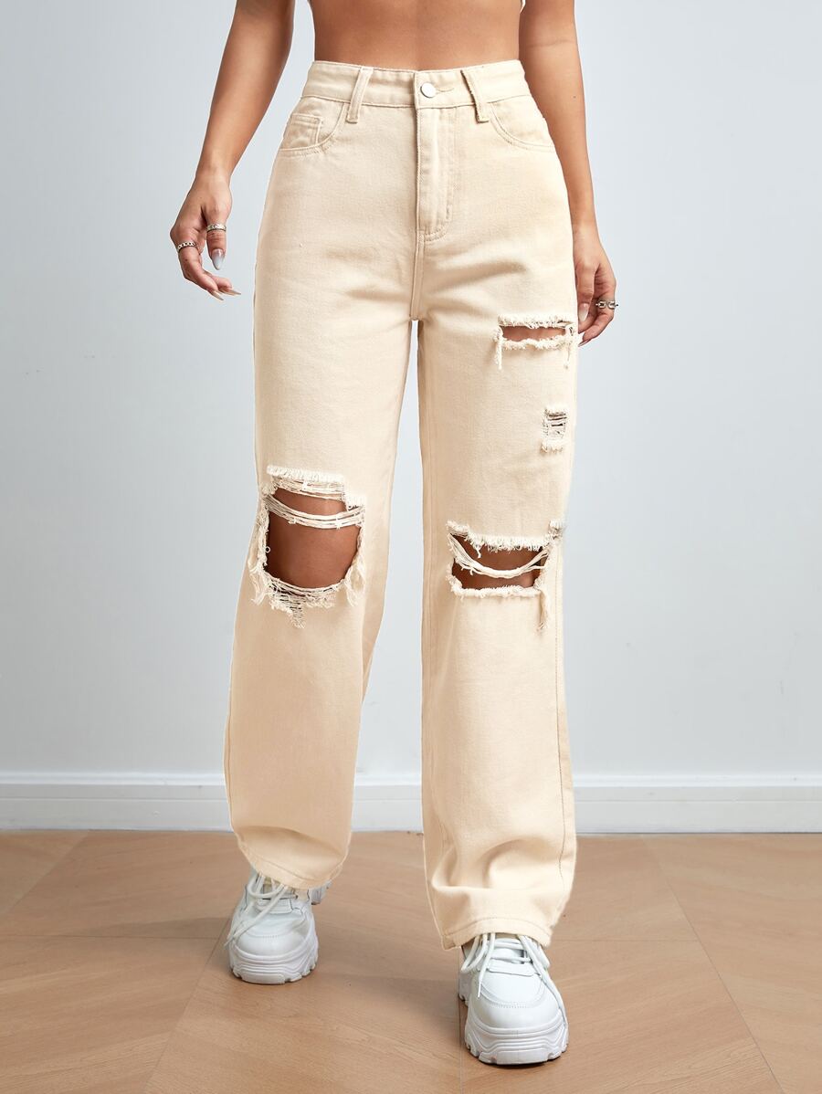 SHEIN PETITE High Waist Ripped Straight Leg Jeans - Apricot - View 1