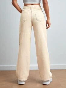 SHEIN PETITE High Waist Ripped Straight Leg Jeans - Apricot - View 2