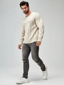 Manfinity 男士麻花編織套頭毛衣 - 杏色 - 查看 5