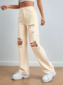 SHEIN PETITE High Waist Ripped Straight Leg Jeans - Apricot - View 3