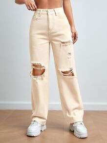 SHEIN PETITE High Waist Ripped Straight Leg Jeans - Apricot - View 4