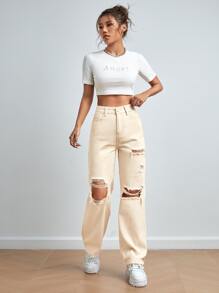 SHEIN PETITE High Waist Ripped Straight Leg Jeans - Apricot - View 5