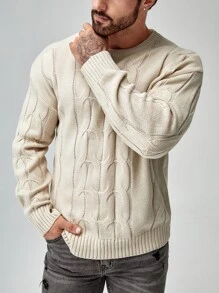 Manfinity 男士麻花編織套頭毛衣 - 杏色 - 查看 6