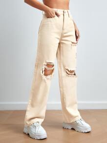 SHEIN PETITE High Waist Ripped Straight Leg Jeans - Apricot - View 6