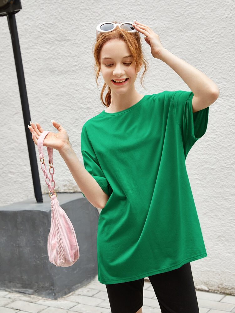 SHEIN 青少年女孩標語和印花落肩T恤 - 綠色 - 查看 5