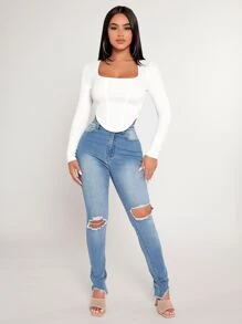 SHEIN PETITE Square Neck Asymmetrical Hem Spring Tee