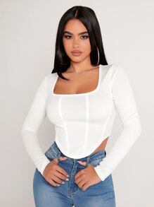 SHEIN PETITE Square Neck Asymmetrical Hem Spring Tee