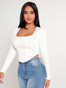 SHEIN PETITE Square Neck Asymmetrical Hem Spring Tee