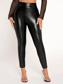 SHEIN PETITE Solid PU Leather Skinny Trousers - Black - View 7