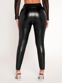 SHEIN PETITE Solid PU Leather Skinny Trousers - Black - View 8