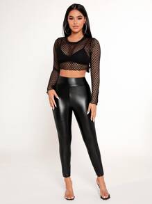 SHEIN PETITE Solid PU Leather Skinny Trousers - Black - View 1