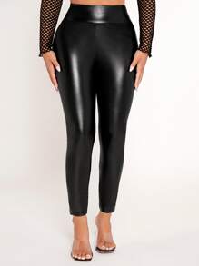SHEIN PETITE Solid PU Leather Skinny Trousers - Black - View 2