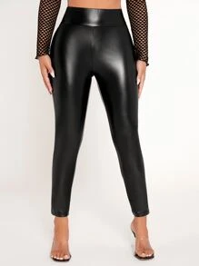 SHEIN PETITE Solid PU Leather Skinny Trousers - Black - View 5