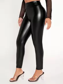 SHEIN PETITE Solid PU Leather Skinny Trousers - Black - View 6