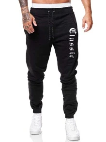 ROMWE MEN Hombres Pantalones deportivos con estampado de letra - Negro - Ver 1