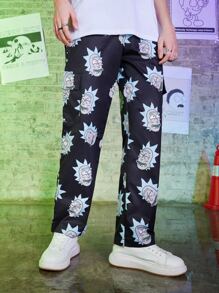ROMWE MEN Rick and Morty | ROMWE Guys Cartoon Print Pants - Black - View 1