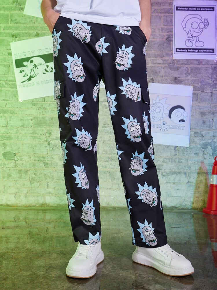 ROMWE MEN Rick and Morty | ROMWE Hombres Pantalones con estampado de dibujos animados - Negro - Añade 4