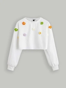 SHEIN MOD Floral Appliques Drop Shoulder Crop Pullover - White - View 2