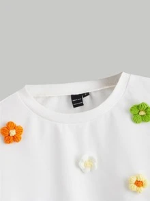 SHEIN MOD Floral Appliques Drop Shoulder Crop Pullover - White - View 3