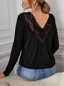 Camiseta con encaje corte V trasero - Negro - Ver 1